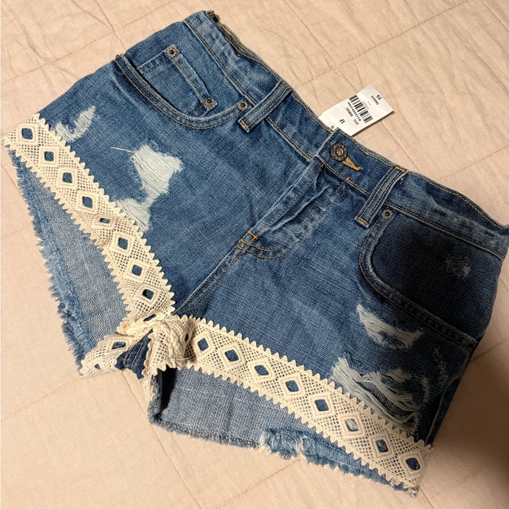 Blue Denim Shorts with Lace Trim